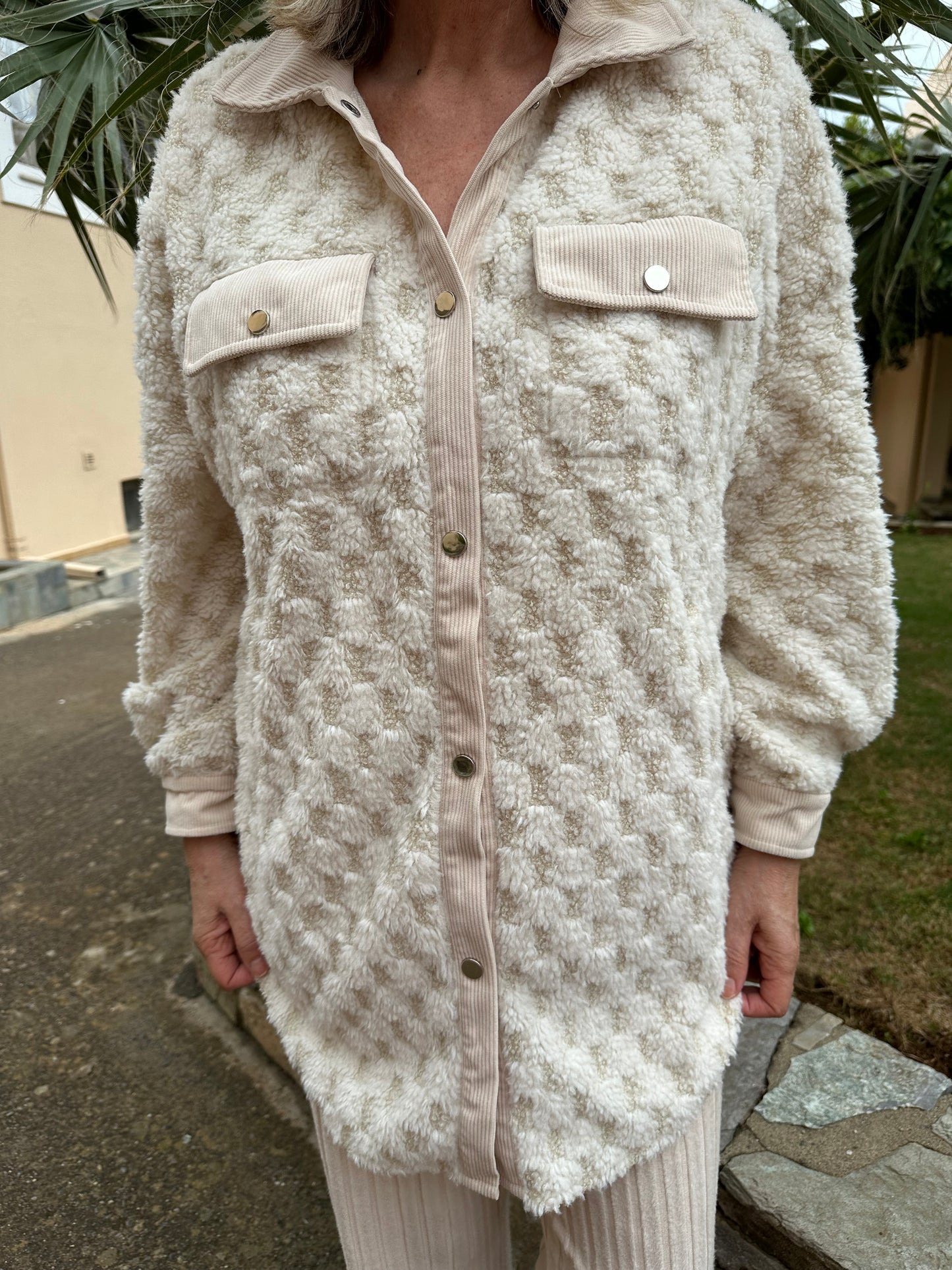 Double Take Button Up Fuzzy Checkered Shacket